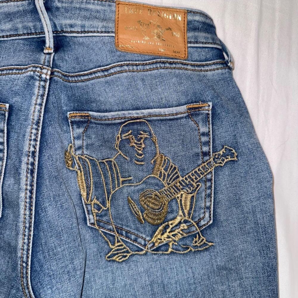 True Religion Jennie Curvy Mid Rise Skinny Jeans Guitar Buddha Embroidery 27 Y2K